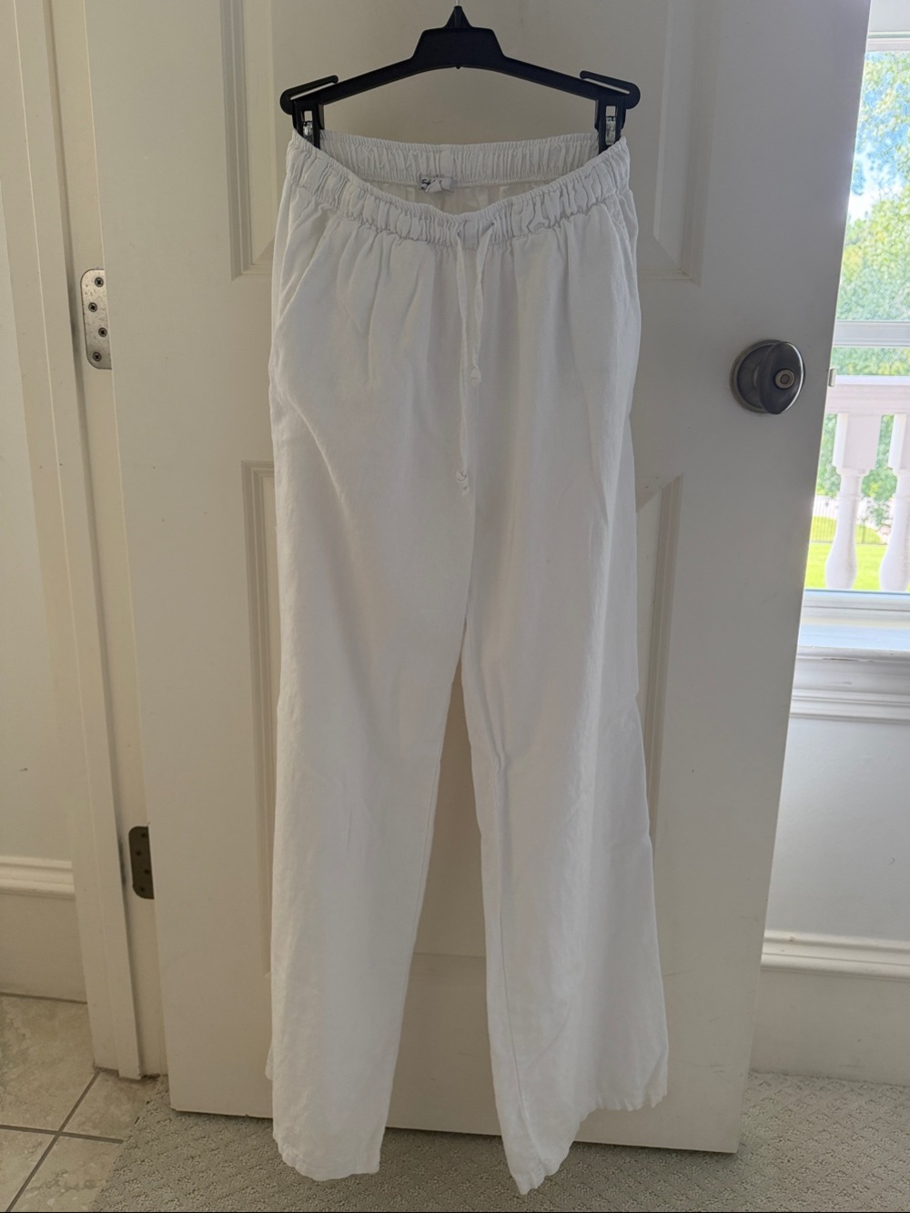White Womens Linen-Blend Drawstring Pants